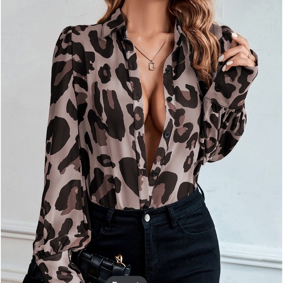 Leopard Print Sheer Button Down Up Shirt Top Blouse - Picture 5 of 7